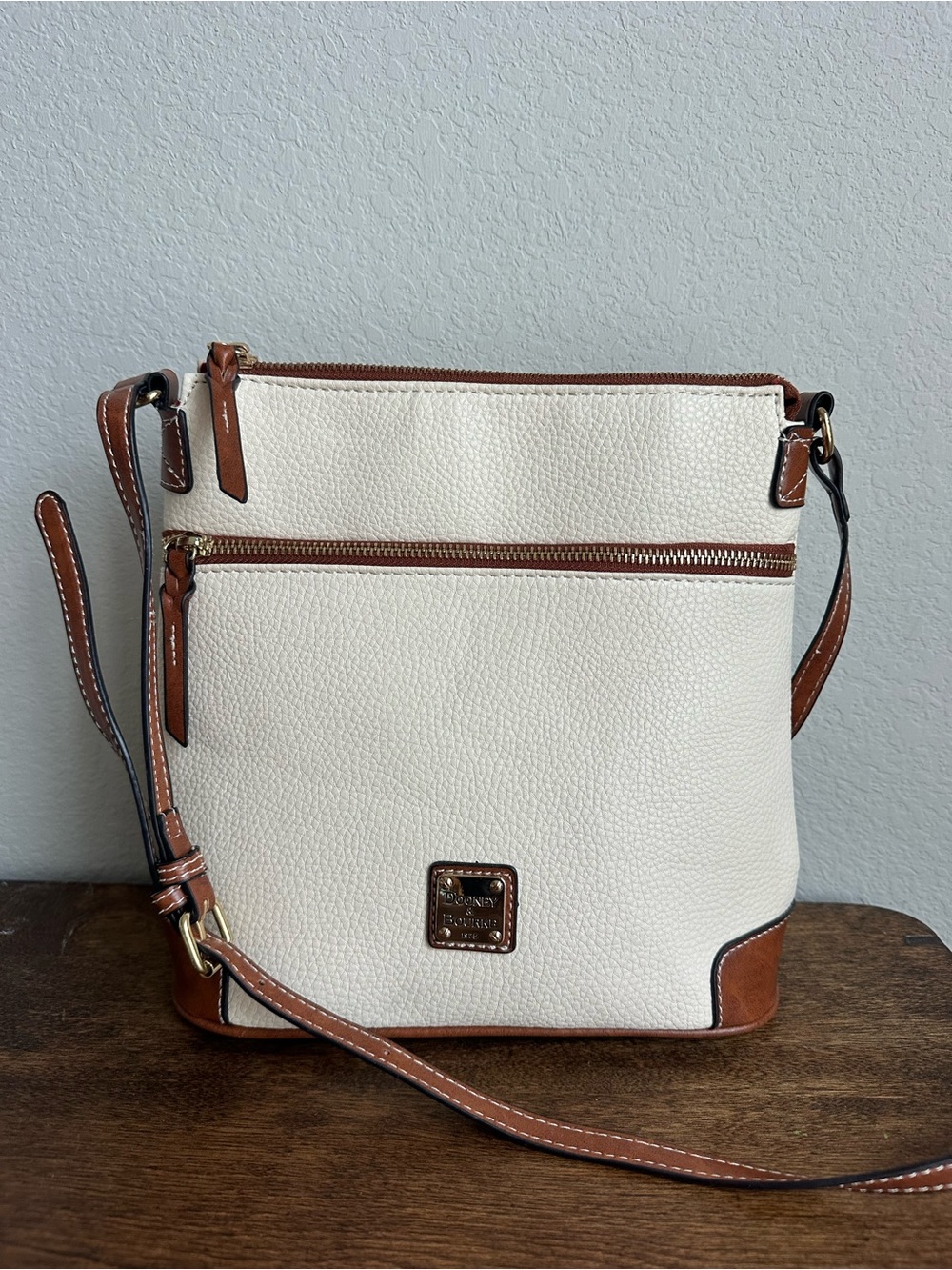 Dooney & Bourke Pebble Grain Leather Contrast Trim Crossbody Bag  Ivory/Brown